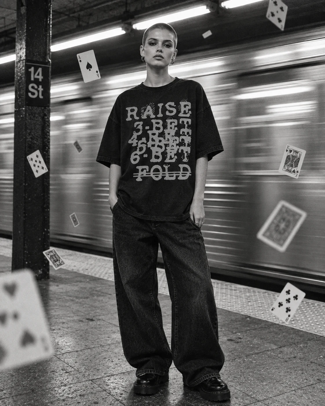 Modelo con playera oversize negra Original Gamblers esperando en una estación de metro, streetwear DROP 001