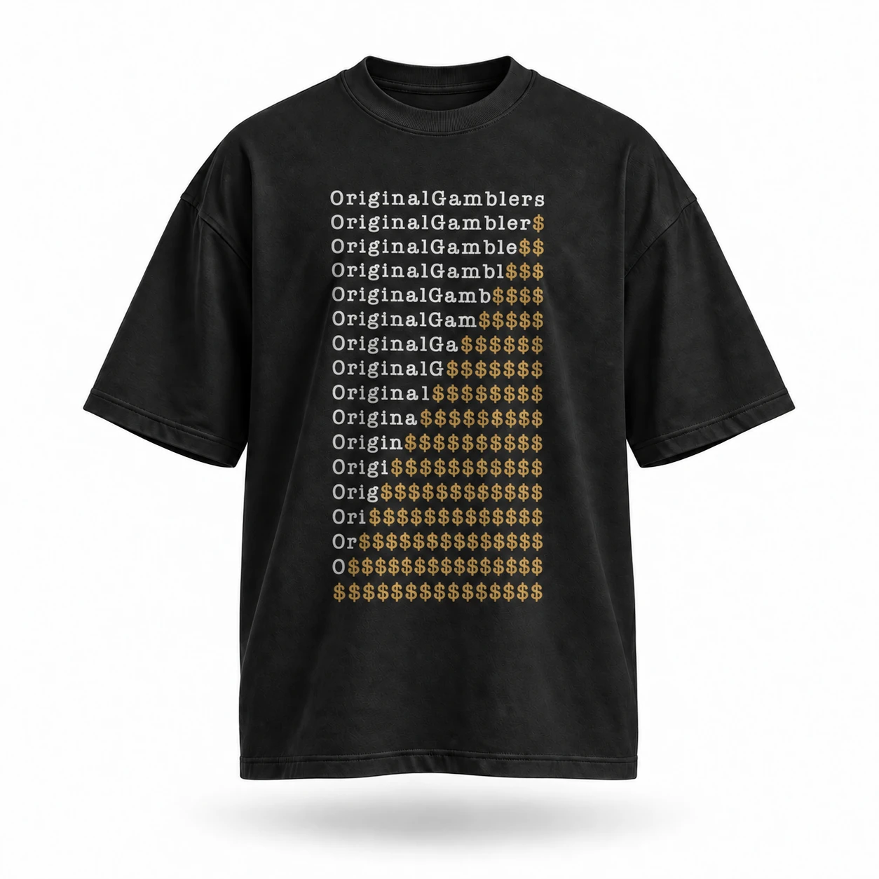 og-mockup-cash-out-negra-frente-v2 Playera oversize negra Typewriter con tipografia degradada a signos de dolar, Original Gamblers DROP 001