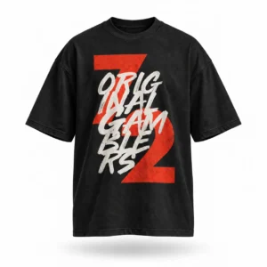 Playera oversize negra Seven Deuce con numeral 7 picas 2 corazones rojo y letras blancas, Original Gamblers DROP 001